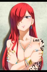 Rule 34 | 1girl, against wall, artist name, bad id, bad pixiv id, blue gemstone, blush, bracelet, breasts squeezed together, breasts, brown eyes, cleavage, collarbone, colored eyelashes, completely nude, covering privates, covering breasts, crossed arms, earrings, english text, erza scarlet, expressionless, fairy tail, female focus, gaston18, gem, green gemstone, hair over one eye, head tilt, heart, highres, jewelry, large breasts, letterboxed, lips, long hair, looking at viewer, necklace, nude, parted lips, red hair, ring, solo, tattoo, text focus, tsurime, upper body, wall