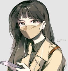 Rule 34 | 1girl, brown eyes, cellphone, copyright name, earphones, highres, holding, holding phone, jacket, jewelry, long hair, looking at viewer, mask, necklace, office lady taiwan, phone, simple background, solo, sweater, tennohi, turtleneck, turtleneck sweater, upper body