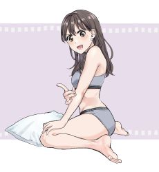 Rule 34 | 1girl, absurdres, barefoot, black eyes, black hair, blush, commentary, earrings, from side, full body, grey panties, grey sports bra, hand on own arm, hand on own knee, highres, index finger raised, jewelry, kikiki (hiya mikan), long hair, looking at viewer, open mouth, panties, pillow, sex no sasoi-kata, sitting, smile, solo, sports bra, sports panties, underwear, underwear only, wariza