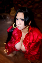 Rule 34 | 1girl, bath, black hair, blue eyes, boa hancock, boa hancock (cosplay), breasts, chouzuki maryou, cleavage, cosplay, curvy, earrings, female focus, hip focus, jewelry, large breasts, long hair, one piece, photo (medium), plump, robe, solo, thick thighs, thighs, water, wide hips