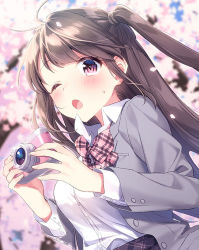 Rule 34 | 1girl, ;o, black skirt, blazer, blurry, blurry background, blush, bow, breasts, brown hair, camera, cherry blossoms, collared shirt, commentary request, day, depth of field, dress shirt, flower, grey jacket, holding, holding camera, jacket, long hair, looking at viewer, masuishi kinoto, medium breasts, one eye closed, open jacket, open clothes, open jacket, open mouth, original, outdoors, pink bow, pink flower, plaid, plaid bow, school uniform, shirt, skirt, solo, sweat, tree, two side up, upper body, very long hair, white shirt