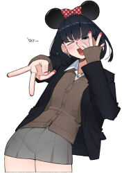 Rule 34 | 1girl, animal ears, black hair, blush, commentary, long sleeves, looking at viewer, mickey mouse ears, minnie mouse, mouse ears, nail polish, ohasi, open mouth, original, red nails, school uniform, shirt, short hair, simple background, skirt, solo, symbol-only commentary, v, white background