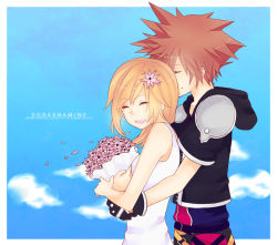 Rule 34 | 1boy, 1girl, ^ ^, bad id, bad pixiv id, blonde hair, bouquet, breasts, character name, closed eyes, day, dress, english text, closed eyes, flower, from side, holding, holding bouquet, karudoll, kingdom hearts, kingdom hearts ii, medium hair, namine, sora (kingdom hearts), spiked hair, sundress, white dress