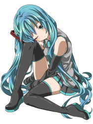 Rule 34 | 1girl, aqua eyes, aqua hair, boots, detached sleeves, hatsune miku, long hair, mary0524, necktie, one eye closed, simple background, sitting, skirt, solo, thigh boots, thighhighs, twintails, very long hair, vocaloid, white background, wink