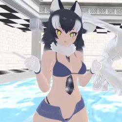 Rule 34 | + +, 1girl, 3d, :3, :d, = =, animal ears, animated, audible music, between breasts, bikini, bikini top only, black hair, black panties, blue bikini, blue eyes, breasts, dancing, denim, denim shorts, fountain, gloves, grey wolf (kemono friends), hand gesture, heart, heart-shaped pupils, heterochromia, indoors, kemono friends, looking at viewer, video, multicolored hair, necktie, necktie between breasts, open mouth, panties, panty straps, school uniform, shorts, smile, solo, sound, swimsuit, symbol-shaped pupils, tail, thumbs up, underwear, unzipped, virtual youtuber, water, white gloves, white hair, yellow eyes, yogurt cap