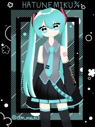 Rule 34 | 1girl, aqua eyes, aqua hair, aqua necktie, bare shoulders, black border, black skirt, black sleeves, black thighhighs, border, character name, collared shirt, commentary, cowboy shot, detached sleeves, flower-shaped pupils, grey shirt, hair between eyes, hair ornament, hatsune miku, head tilt, long hair, long sleeves, looking at viewer, miku day, miniskirt, necktie, neko (am me m3), no mouth, no nose, number tattoo, outside border, pleated skirt, shirt, skirt, sleeveless, sleeveless shirt, sleeves past fingers, sleeves past wrists, solo, standing, straight hair, symbol-only commentary, symbol-shaped pupils, tattoo, thighhighs, twintails, typo, vocaloid, zettai ryouiki