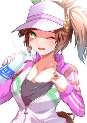 Rule 34 | 1girl, animal ears, blush, bottle, breasts, brown hair, cleavage, collarbone, commentary request, ear covers, eve on k, followers favorite challenge, freckles, green eyes, hat, highres, horse ears, horse tail, ines fujin (umamusume), jacket, looking at viewer, medium breasts, medium hair, multiple drawing challenge, one eye closed, portrait, shadow, side ponytail, simple background, single ear cover, solo, sweat, tail, umamusume, visor cap, water bottle, white background, white hat
