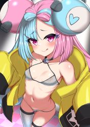 Rule 34 | 1girl, asymmetrical legwear, bikini, black jacket, bow-shaped hair, character hair ornament, closed mouth, collarbone, coyomin, creatures (company), game freak, gen 1 pokemon, grey thighhighs, hair ornament, hexagon print, highres, iono (pokemon), jacket, long hair, long sleeves, low-tied long hair, magnemite, mismatched legwear, multicolored clothes, multicolored hair, multicolored jacket, nintendo, open clothes, open jacket, oversized clothes, pink hair, pokemon, pokemon sv, print bikini, single thighhigh, sleeves past fingers, sleeves past wrists, split-color hair, swimsuit, thigh strap, thighhighs, tongue, tongue out, two-tone hair, two-tone jacket, very long sleeves, wide sleeves, x, yellow jacket
