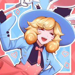Rule 34 | 1girl, animal ears, black gloves, blonde hair, blush stickers, bow, bowtie, buttons, card in hat, finii (omega strikers), frills, gloves, hat, heart button, highres, holding, holding staff, looking at viewer, magician, necktie, omega strikers, open mouth, rabbit ears, red eyes, solo, staff, top hat, zayaku (zayakuzazai)