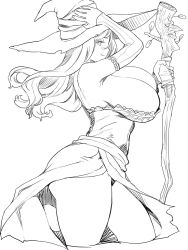 Rule 34 | 1girl, arm up, armpit crease, armpit peek, ass, bare shoulders, blush, breasts, cleavage, closed mouth, cowboy shot, cropped legs, detached sleeves, dragon&#039;s crown, dress, from side, half-closed eye, hand on headwear, hat, highres, holding, holding staff, huge breasts, leaf, long hair, looking at viewer, monochrome, shoulder blades, side slit, sideboob, simple background, smile, solo, sorceress (dragon&#039;s crown), staff, strapless, strapless dress, thighs, white background, whoosaku, witch, witch hat, wooden staff