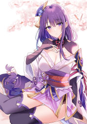 Rule 34 | 1girl, bare shoulders, braid, breasts, cleavage, detached collar, genshin impact, hair ornament, highres, japanese clothes, kimono, kinona, large breasts, long hair, long sleeves, looking at viewer, low-braided long hair, low-tied long hair, mole, mole under eye, obi, off shoulder, purple eyes, purple hair, purple kimono, purple thighhighs, raiden shogun, sash, shrug (clothing), solo, thighhighs, thighs, wide sleeves