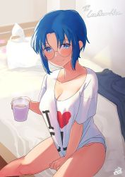 Rule 34 | 1girl, akatsu, between legs, blue eyes, blue hair, blush, breasts, ciel (tsukihime), cleavage, coffee, collarbone, glasses, hand between legs, looking at viewer, medium breasts, on bed, partially undressed, shirt, shirt tug, short hair, sitting, smile, solo, steam, t-shirt, thighs, tsukihime