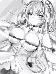 Rule 34 | 1girl, azur lane, bad id, bad pixiv id, bare shoulders, breasts, breasts squeezed together, bursting breasts, closed mouth, dutch angle, greyscale, hair ribbon, highres, jewelry, jitome, key, key necklace, large breasts, long hair, looking at viewer, maid headdress, monochrome, nanashi (nlo), necklace, perseus (azur lane), ribbon, solo, wing collar