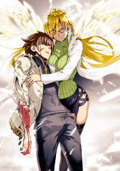 Rule 34 | 1boy, 1girl, blonde hair, blood, collaboration, colorized, earrings, feathered wings, feathers, fur-trimmed hood, fur trim, garter straps, glasses, green sweater, hasegawa chisato, highres, holding person, hood, hood down, injury, jacket, jewelry, lab coat, long hair, miniskirt, ookuma nekosuke, owendss98, red-framed eyewear, shinmai maou no testament, skirt, sweater, thighhighs, torn, torn clothes, toujou basara, turtleneck, turtleneck sweater, unconscious, wings
