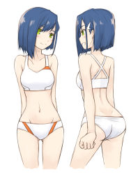Rule 34 | 10s, 1girl, back, blue hair, blush, commentary request, darling in the franxx, facing viewer, from behind, green eyes, hair ornament, hairclip, head tilt, highres, ichigo (darling in the franxx), looking away, midriff, multiple views, navel, no shirt, open mouth, panties, short hair, simelu, smile, sports bra, standing, stomach, thighs, underwear, white background, white panties