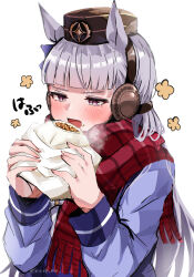 Rule 34 | 1girl, absurdres, animal ears, baozi, blush, bow, commentary request, ear bow, eating, food, gold ship (umamusume), grey hair, highres, holding, holding food, horse ears, horse girl, long hair, long sleeves, mare ma, open mouth, pillbox hat, plaid, plaid scarf, purple bow, purple eyes, purple shirt, red scarf, scarf, school uniform, shirt, simple background, solo, tracen school uniform, twitter username, umamusume, upper body, white background, winter uniform