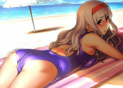 Rule 34 | 1girl, ass, bare shoulders, beach, blush, breast press, breasts, competition swimsuit, day, hairband, idolmaster, idolmaster (classic), inflatable raft, large breasts, long hair, lying, ocean, on stomach, one-piece swimsuit, purple one-piece swimsuit, red eyes, seki suzume, shijou takane, silver hair, solo, swimsuit, umbrella
