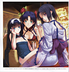 Rule 34 | 00s, 3girls, absurdres, alcohol, aqua eyes, back, bare shoulders, black hair, blue hair, bored, bow, breasts, breasts apart, chair, choker, cleavage, cleavage cutout, clothing cutout, cocktail glass, company connection, cup, dress, drink, drinking glass, eyeshadow, fate/stay night, fate (series), flat chest, floral print, flower, formal, glass, hair bow, hair flower, hair ornament, twirling hair, hairband, halterneck, hand in own hair, hand on own cheek, hand on own face, head rest, highres, holding, indoors, japanese clothes, kara no kyoukai, kimono, lace, lace-trimmed kimono, lace trim, long hair, looking at viewer, looking back, makeup, multiple girls, neck ribbon, no bra, open mouth, parted bangs, purple eyes, ribbon, ribbon choker, ryougi shiki, sakamoto mineji, sakazuki, sake, sash, scan, short hair, side slit, sidelocks, sitting, small breasts, smile, tohno akiha, tohsaka rin, tsukihime, turtleneck, type-moon, very long hair, wide sleeves, wine glass