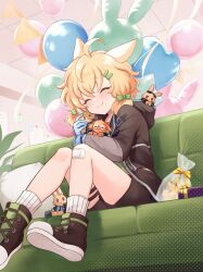 Rule 34 | 1girl, ahoge, animal ears, arknights, balloon, bandaid, bandaid on knee, bandaid on leg, blonde hair, blue gloves, blush, boots, bow, box, brown shorts, ceiling, closed eyes, closed mouth, commentary, couch, cushion, from below, gift, gift box, gloves, green bow, green shirt, hair bow, hair ornament, hairclip, highres, holding, hood, hood down, hooded jacket, indoors, jacket, knees, kroos (arknights), long sleeves, open clothes, open jacket, ribbed socks, riku (kanitotora), shirt, shorts, sitting, smile, socks, thigh strap