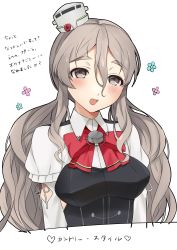 Rule 34 | 1girl, absurdres, alternate hair length, alternate hairstyle, bow, bowtie, brown eyes, commentary request, corset, grey hair, hat, highres, kantai collection, looking at viewer, low twintails, mini hat, pola (kancolle), red bow, red bowtie, shirt, simple background, solo, thick eyebrows, tilted headwear, toriniku senshi chikinman, translation request, twintails, upper body, wavy hair, white background, white shirt