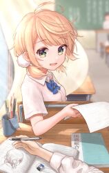 Rule 34 | 1girl, 1other, absurdres, ahoge, blonde hair, blue bow, blue bowtie, blurry, blurry background, book, bow, bowtie, chalkboard, classroom, curtains, desk, drawing (object), eraser, green eyes, hair ornament, highres, holding, holding paper, holding pen, indie virtual youtuber, low twintails, medium hair, nowoka, on chair, open mouth, paper, pen, pom pom (clothes), pom pom hair ornament, pov, pov hands, school, school uniform, shigure ui (vtuber), shigure ui (vtuber) (1st costume), shirt, short sleeves, short twintails, sidelocks, sitting, sleeve cuffs, smile, sweat, twintails, virtual youtuber, white shirt