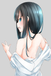 Rule 34 | 10s, 1girl, asashio (kancolle), back, bare shoulders, black hair, blue eyes, comah, grey background, kantai collection, long hair, open mouth, shirt, simple background, solo, undressing, white shirt