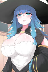 Rule 34 | 1girl, blue eyes, blue hair, blush, breasts, charlotte reis, clothes, green eyes, hat, huge breasts, long hair, looking at viewer, open mouth, pt, tensei kizoku kantei skill de nariagaru, witch, witch hat