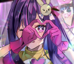 Rule 34 | 1girl, absurdres, blurry, blush, brooch, closed mouth, commentary request, depth of field, frilled gloves, frills, gloves, hair between eyes, hair ornament, hair ribbon, heart, heart brooch, heart hands, highres, hoshino ai (oshi no ko), idol, idol clothes, jewelry, light particles, long hair, looking at viewer, m i o spring, one eye closed, oshi no ko, pink gloves, pink ribbon, portrait, purple eyes, purple hair, rabbit hair ornament, ribbon, screen zoom, smile, solo, star-shaped pupils, star (symbol), sweat, symbol-shaped pupils, tongue, tongue out, turtleneck