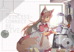 Rule 34 | 1girl, animal ear fluff, animal ears, apron, blender (object), blue eyes, blush, brown hair, ceiling light, closed mouth, commentary request, cooking, copyright name, dress, flower, food, fox ears, fox girl, fox tail, frilled hairband, frills, frying pan, hair flower, hair ornament, hairband, holding, holding spoon, kitchen, kitchen hood, long hair, maho (princess connect!), maid, maid apron, pink dress, pink hairband, pot, princess connect!, puffy short sleeves, puffy sleeves, red flower, red rose, rose, scissors, shadowsinking, short sleeves, solo, spoon, stove, sweat, tail, very long hair, white apron