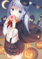 Rule 34 | 1girl, black cape, black hat, black skirt, blue eyes, blue hair, blush, candy wrapper, cape, checkerboard cookie, colored eyelashes, cookie, crescent moon, doughnut, food, gochuumon wa usagi desu ka?, hair between eyes, hair ornament, halloween, hands up, hat, highres, holding, holding food, jack-o&#039;-lantern, kafuu chino, layered skirt, long hair, long sleeves, looking at viewer, mini hat, moon, night, night sky, orange thighhighs, parted lips, pennant, pizzzica, pleated skirt, polka dot, shirt, skirt, sky, solo, standing, star (sky), starry sky, string of flags, striped, suspender skirt, suspenders, thighhighs, tilted headwear, twintails, white shirt, x hair ornament