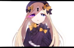 Rule 34 | 1girl, abigail williams (fate), black bow, black dress, black hat, blonde hair, blue eyes, bow, commentary request, dress, fate/grand order, fate (series), hair bow, hat, heterochromia, highres, keyhole, letterboxed, long hair, long sleeves, looking at viewer, nna (sitimi0224224), orange bow, parted bangs, parted lips, purple eyes, simple background, sleeves past wrists, solo, very long hair, white background