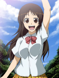 Rule 34 | 1girl, :d, arm up, blush, breasts, brown eyes, brown hair, cloud, kanzaki miki, long hair, looking at viewer, mumumu (road), open mouth, outdoors, plant, sky, smile, solo, standing, tree, waving, yowamushi pedal