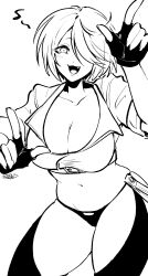 Rule 34 | 1girl, angel (kof), backless pants, bra, breasts, chaps, cleavage, crop top, cropped jacket, fingerless gloves, gloves, hair over one eye, highres, horns pose, index fingers raised, jacket, large breasts, leather, leather jacket, looking at viewer, midriff, monochrome, navel, panties, pants, ryo yo shi, short hair, smile, snk, solo, strapless, strapless bra, the king of fighters, the king of fighters xiv, toned, underwear, white hair