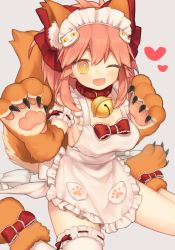 Rule 34 | 1girl, animal ears, animal hands, apron, bell, breasts, cleavage, collar, fang, fate/grand order, fate (series), fox ears, fox tail, hair ribbon, large breasts, long hair, looking at viewer, maid headdress, munuko, neck bell, open mouth, pink hair, ribbon, solo, tail, tamamo (fate), tamamo cat (fate), tamamo cat (third ascension) (fate), tamamo no mae (fate/extra), thighhighs, white thighhighs, yellow eyes
