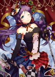 Rule 34 | 10s, 1girl, argyle, argyle clothes, argyle legwear, black gloves, breasts, cleavage, elbow gloves, garter straps, gloves, green eyes, hair ornament, hat, highres, holding, holding microphone, large breasts, long hair, looking at viewer, love live!, love live! school idol project, microphone, mini hat, one eye closed, purple hair, ryuu32, skirt, smile, solo, star (symbol), strapless, thighhighs, tojo nozomi, twintails