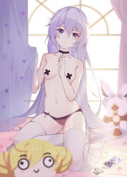Rule 34 | 1girl, ai-chan (honkai impact), black choker, blue eyes, blurry, blurry background, blurry foreground, blush, breasts, cellphone, character doll, choker, commentary request, cross pasties, curtain grab, curtains, food print, hair between eyes, highres, honkai (series), honkai impact 3rd, hymxiaocyan, indoors, jewelry, charm (object), long hair, navel, necklace, pasties, phone, silver hair, sitting, small breasts, smartphone, smile, solo, star (symbol), star necklace, star print, strawberry print, tape, tape on nipples, theresa apocalypse, thighhighs, topless, underwear, underwear only, very long hair, white thighhighs, window