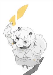 Rule 34 | 1girl, bob cut, braid, commentary request, dee (fire2332), dress, fake horns, french braid, from above, greyscale, headgear, highres, holding, holding weapon, horns, juliet sleeves, long hair, long sleeves, mechanical arms, mechanical horns, mechanical parts, monochrome, nanami: storm (punishing: gray raven), nanami (punishing: gray raven), open mouth, puffy sleeves, punishing: gray raven, short sleeves, small horns, spot color, teeth, upper teeth only, weapon, white background