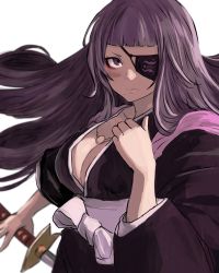 Rule 34 | 1girl, 6maker, absurdres, black hair, black kimono, bleach, blunt bangs, blush, breasts, cleavage, commission, cosplay, eyepatch, hair down, han juri, highres, holding, holding sword, holding weapon, japanese clothes, jewelry, katana, kimono, large breasts, long hair, looking at viewer, matsumoto rangiku, matsumoto rangiku (cosplay), mole, mole under mouth, necklace, obi, pendant, pixiv commission, purple eyes, sash, solo, straight hair, street fighter, street fighter v, sword, very long fingernails, weapon, white background