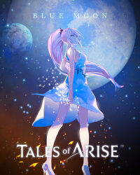 Rule 34 | 1girl, absurdres, bare shoulders, blue background, blue eyes, breasts, closed mouth, copyright name, dress, eyelashes, from side, full moon, gradient background, hair ornament, high heels, highres, laio, legs, long hair, looking at viewer, medium breasts, moon, orange background, parted bangs, pink hair, ponytail, shionne (tales), sidelocks, sleeveless, sleeveless dress, solo, tales of (series), tales of arise, very long hair, white dress, white footwear