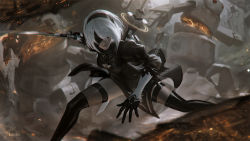 Rule 34 | 1girl, black blindfold, black dress, black hairband, black thighhighs, blindfold, blurry, blurry background, blurry foreground, boots, breasts, cleavage cutout, clothing cutout, dress, fighting, fighting stance, gloves, hairband, juliet sleeves, katana, lips, long sleeves, machine, medium breasts, motion blur, nier:automata, nier (series), pod (nier:automata), puffy sleeves, raikoart, robot, short hair, silver hair, solo, sword, thighhighs, thighhighs under boots, weapon, 2b (nier:automata)