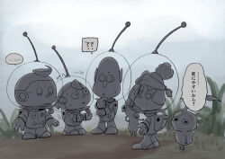 Rule 34 | ..., 2boys, 2girls, :o, ?, ??, asymmetrical bangs, backpack, bag, bald, blue sky, buttons, closed eyes, cloud, collin (pikmin), commentary request, day, eyelashes, flying sweatdrops, from side, furrowed brow, gauge, gloves, grass, greyscale with colored background, hair bun, half-closed eyes, hand on own arm, hand on own chin, headband, helmet, ice, ice pikmin, leaf, long bangs, marking on cheek, multiple boys, multiple girls, nintendo, no mouth, novelty glasses, outdoors, outstretched hand, parted lips, pikmin (creature), pikmin (series), pikmin 4, pointy ears, pointy nose, radio antenna, red pikmin, rescue officer (pikmin), round eyewear, russ (pikmin), shepherd (pikmin), shoes, short hair, single hair bun, sky, space helmet, spacesuit, speech bubble, sweat, sweatdrop, translation request, usuba (hatomugip), whistle, wide-eyed
