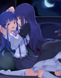 Rule 34 | 2girls, :d, arms up, black dress, black skirt, blue eyes, blue hair, blunt bangs, bobby socks, bow, bowtie, cat tail, closed mouth, couch, crescent moon, cushion, dress, empty eyes, feet, female focus, forehead-to-forehead, frederica bernkastel, frilled dress, frills, furude rika, gothic lolita, hand on another&#039;s cheek, hand on another&#039;s face, heads together, highres, higurashi no naku koro ni, imminent kiss, in-franchise crossover, indoors, kneeling, lolita fashion, long hair, long sleeves, look-alike, looking at viewer, looking back, moon, multiple girls, nervous, night, night sky, no shoes, open mouth, pleated skirt, purple eyes, school uniform, serious, short sleeves, sitting, skirt, sky, smile, socks, suspender skirt, suspenders, tail, umineko no naku koro ni, usuaji, wariza, wide sleeves, window, yuri