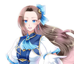 Rule 34 | 1041 (toshikazu), 1girl, :d, blue bow, blue eyes, blue neckwear, bow, bracelet, breasts, brooch, brown hair, earrings, female focus, gloves, hair ornament, highres, jewelry, katarina claes, long hair, looking at viewer, medium breasts, open mouth, otome game no hametsu flag shika nai akuyaku reijou ni tensei shite shimatta, outstretched hand, simple background, smile, solo, upper body, white background, white gloves