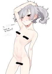 Rule 34 | 1girl, 318-chan, absurdres, arm at side, arm up, black eyes, blush, breasts, censored, collarbone, commission, completely nude, cowboy shot, dated, empty eyes, fataaa, gluteal fold, grey hair, grin, groin, hand in own hair, highres, looking at viewer, navel, nude, original, short hair, sidelocks, signature, simple background, skeb commission, small breasts, smile, solo, twintails, white background