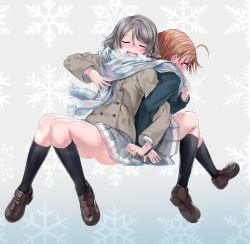 Rule 34 | 2girls, absurdres, ahoge, back-to-back, blush, breath, brown hair, closed eyes, clover hair ornament, coat, commentary request, covering own mouth, hair ornament, highres, loafers, locked arms, love live!, love live! sunshine!!, multiple girls, nose blush, orange hair, pleated skirt, scarf, shared clothes, shared scarf, shoes, short hair, sitting, skirt, snowflake background, takami chika, watanabe you, winter clothes, winter coat, yuri, yuuki (nijiiro palette)