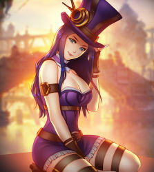 Rule 34 | 1girl, blue eyes, breasts, caitlyn (league of legends), cleavage, closed mouth, hat, highres, kneeling, large breasts, league of legends, long hair, looking at viewer, pink lady mage, sitting, smile