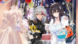 Rule 34 | 2girls, absurdres, aegir (azur lane), azur lane, bag, black hair, breasts, cleavage, closed mouth, commentary, company connection, company name, copyright name, dress, fur trim, gloves, green eyes, grey hair, hair ornament, handbag, high heels, highres, holding, horns, indomitable (azur lane), jewelry, large breasts, logo, long hair, medium breasts, multicolored hair, multiple girls, necklace, night, official art, open mouth, outdoors, pointy ears, red hair, ribbon, sanbasou, shopping bag, simple background, smile, yellow eyes