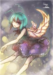Rule 34 | 1girl, alternate costume, antennae, bad id, bad pixiv id, dress, green eyes, green hair, highres, insect wings, matching hair/eyes, open mouth, short hair, sketch, skirt, smile, solo, touhou, wings, wriggle nightbug, yuxyon