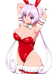 1girl absurdres ahoge animal_ears armpits arms_up blush bow bowtie breasts covered_navel detached_collar fake_animal_ears highres houki_(tonburi) large_breasts leotard light_purple_hair long_hair looking_at_viewer low_twintails playboy_bunny purple_eyes rabbit_ears rabbit_girl rabbit_tail red_leotard scrunchie senki_zesshou_symphogear shiny_skin simple_background solo standing strapless strapless_leotard tail twintails white_background wrist_cuffs yukine_chris