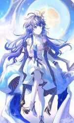Rule 34 | 1girl, arknights, astesia (arknights), astesia (frlibe on the palace) (arknights), blue dress, blue eyes, blue hair, dress, feet out of frame, gloves, hair ornament, high heels, highres, layered dress, light smile, long dress, long hair, looking to the side, moleculesound, pantyhose, smile, solo, star (symbol), white dress, white gloves, white pantyhose